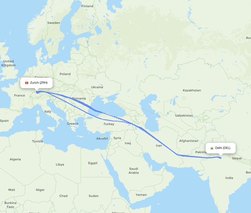 Delhi (DEL) - Zurich (ZRH) actual flight path