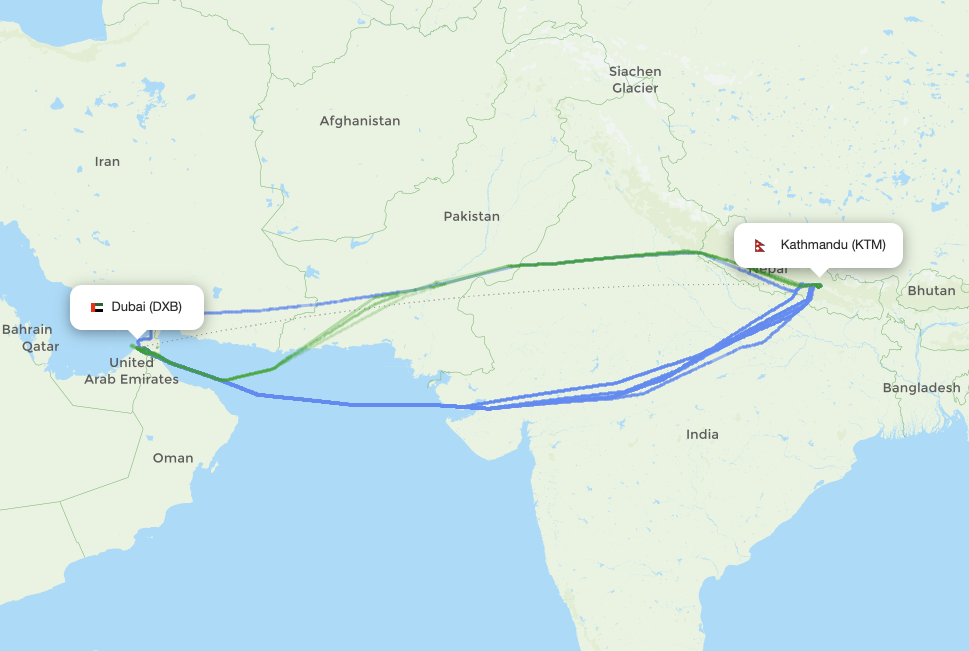 Dubai (DXB) - Kathmandu (KTM) actual flight path