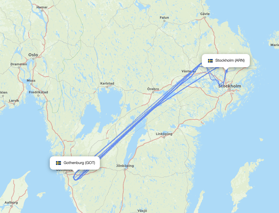 Gothenburg (GOT) - Stockholm (ARN) actual flight path