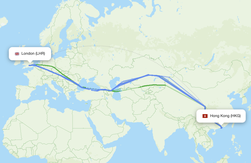 Hong Kong (HKG) - London (LHR) actual flight path
