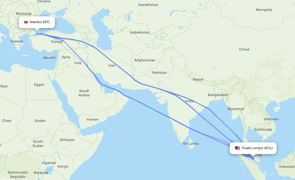 Istanbul (IST) - Kuala Lumpur (KUL) actual flight path