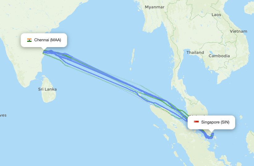 Chennai (MAA) - Singapore (SIN) actual flight path