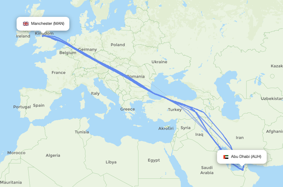 Manchester (MAN) - Abu Dhabi (AUH) actual flight path