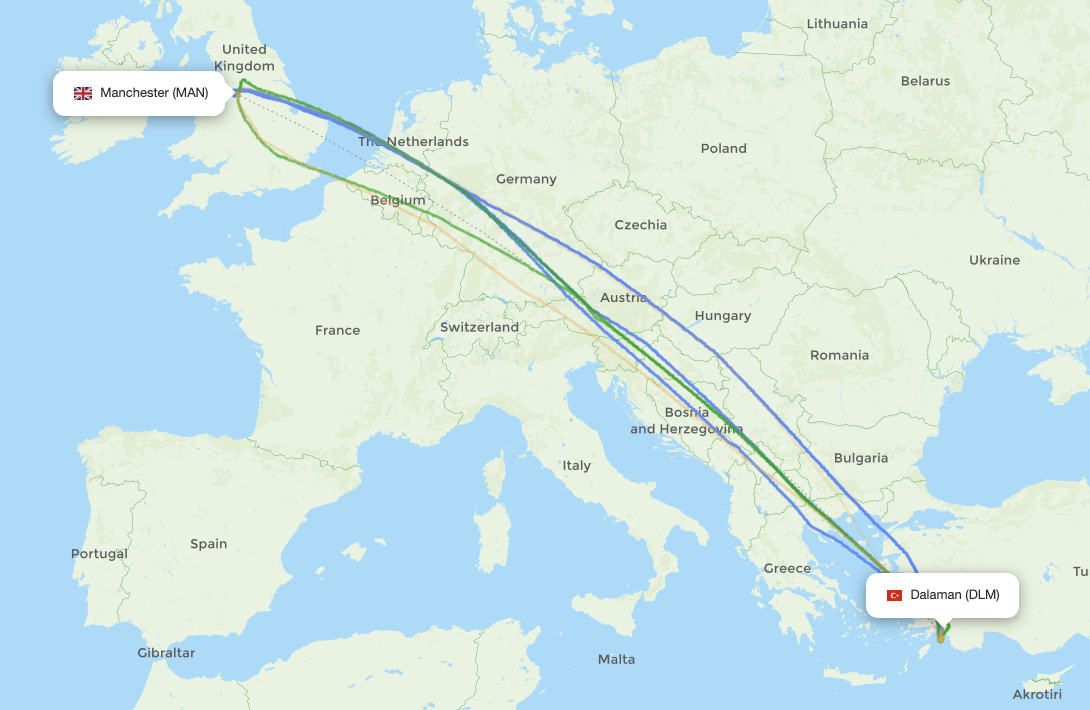 Manchester (MAN) - Dalaman (DLM) actual flight path
