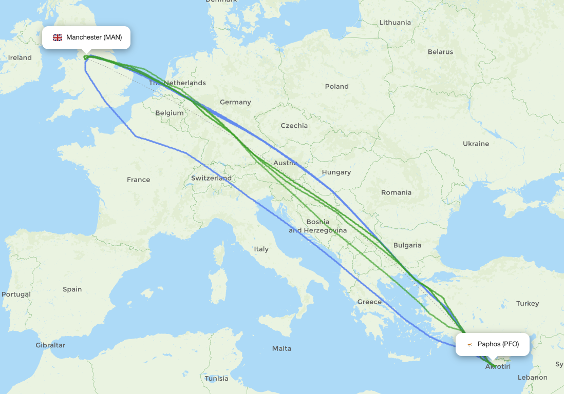 Manchester (MAN) - Paphos (PFO) actual flight path