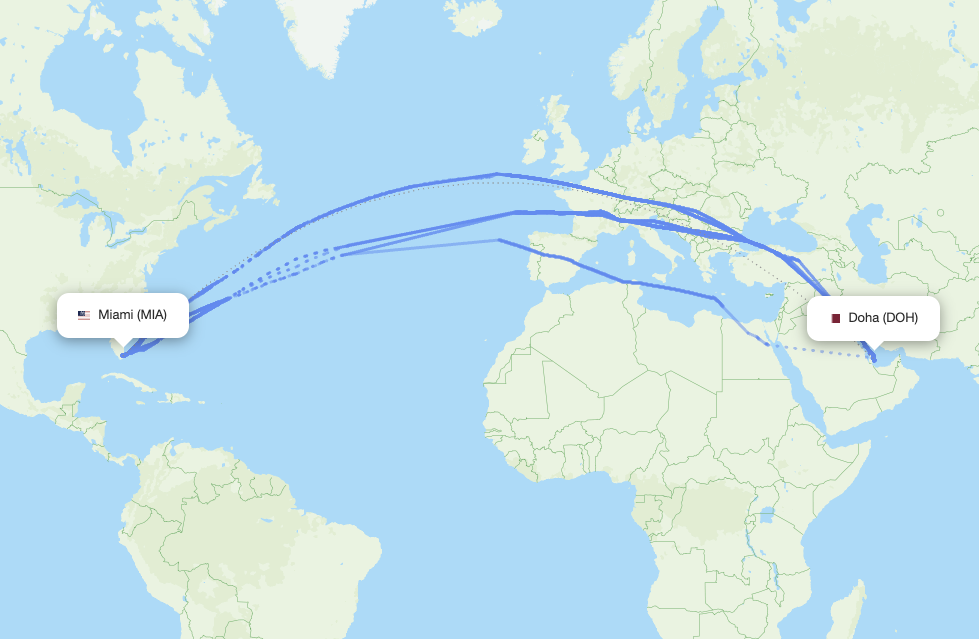 Miami (MIA) - Doha (DOH) actual flight path