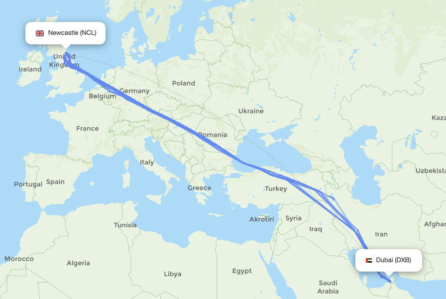 Newcastle (NCL) - Dubai (DXB) actual flight path