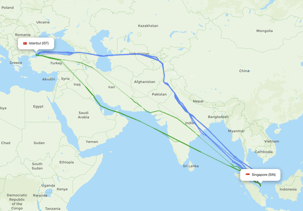 Singapore (SIN) - Istanbul (IST) actual flight path