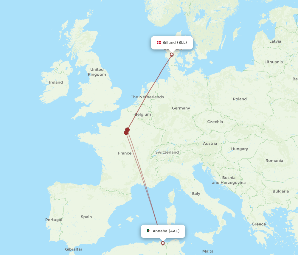 Billund - Annaba route map and flight paths