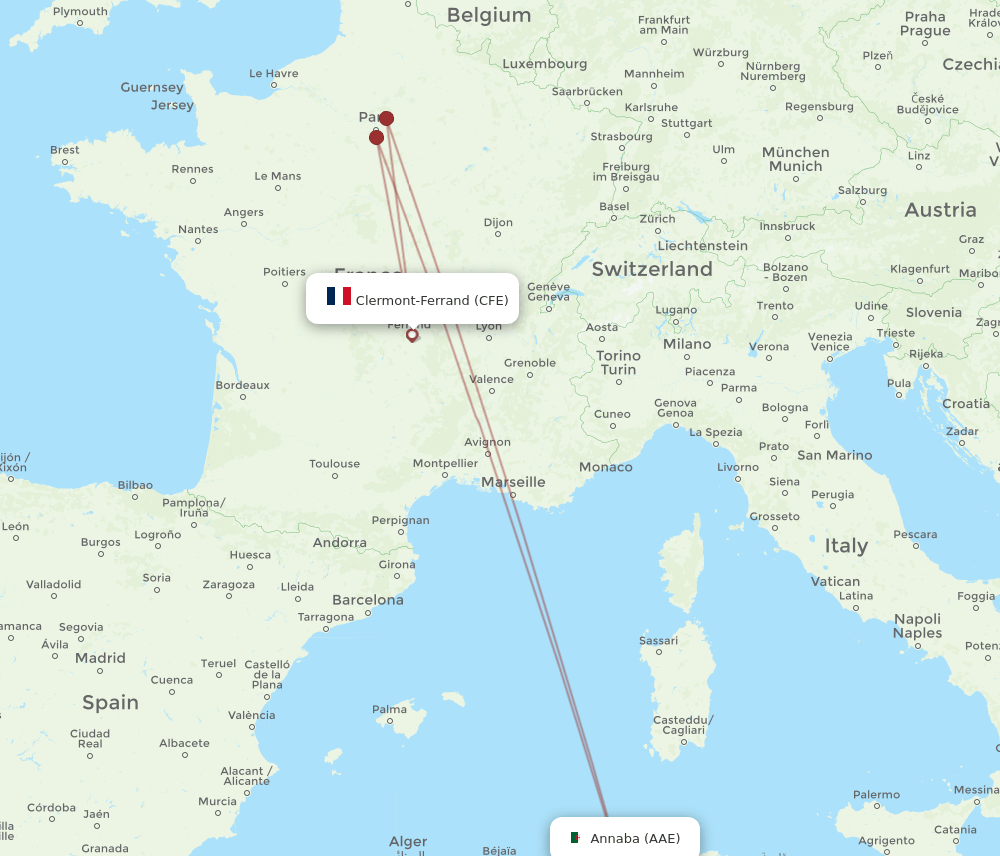 Clermont-Ferrand - Annaba route map and flight paths