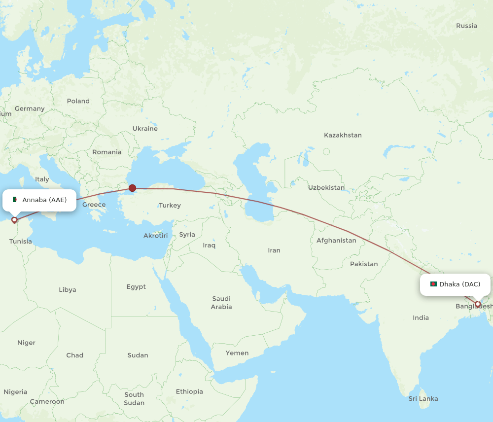 Dhaka - Annaba route map and flight paths