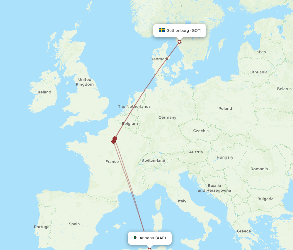 Gothenburg - Annaba route map and flight paths