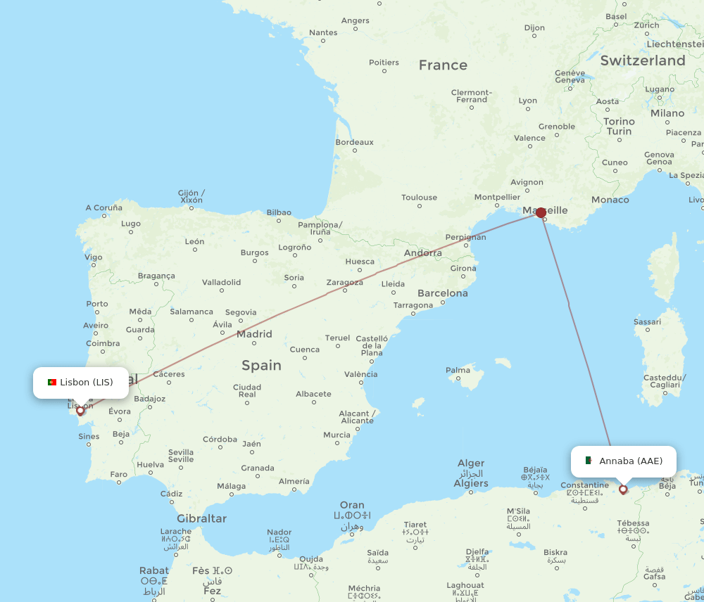 Lisbon - Annaba route map and flight paths