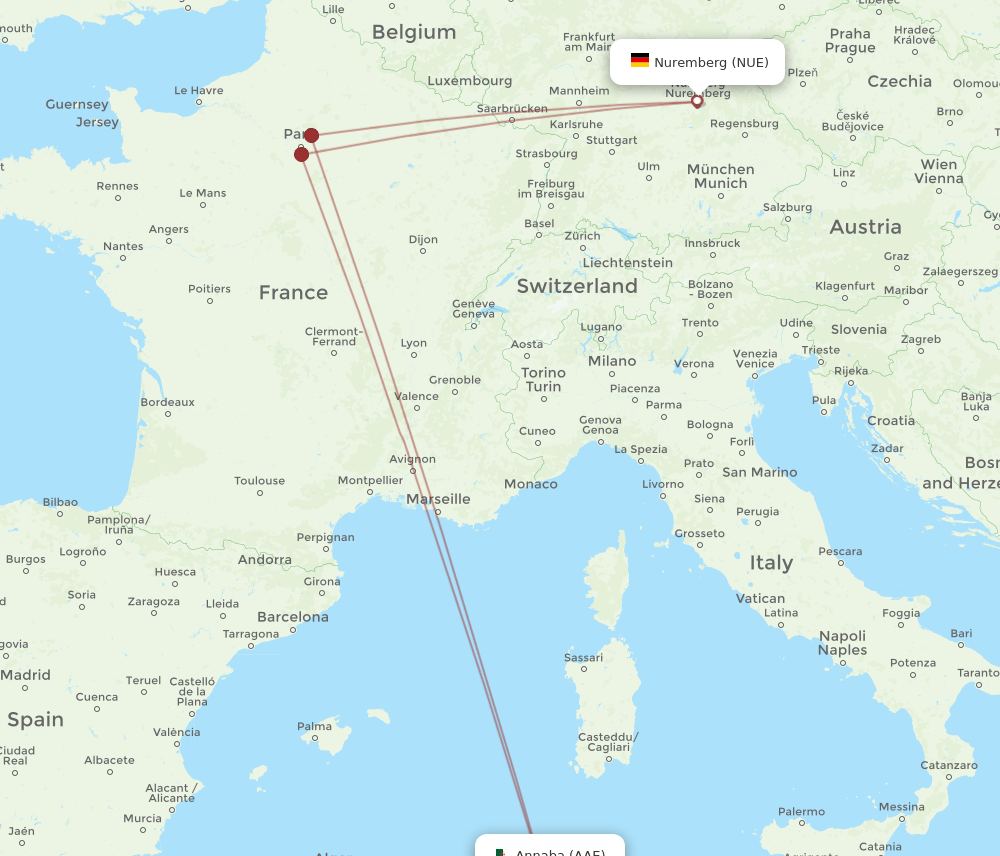 AAE to NUE flights and routes map