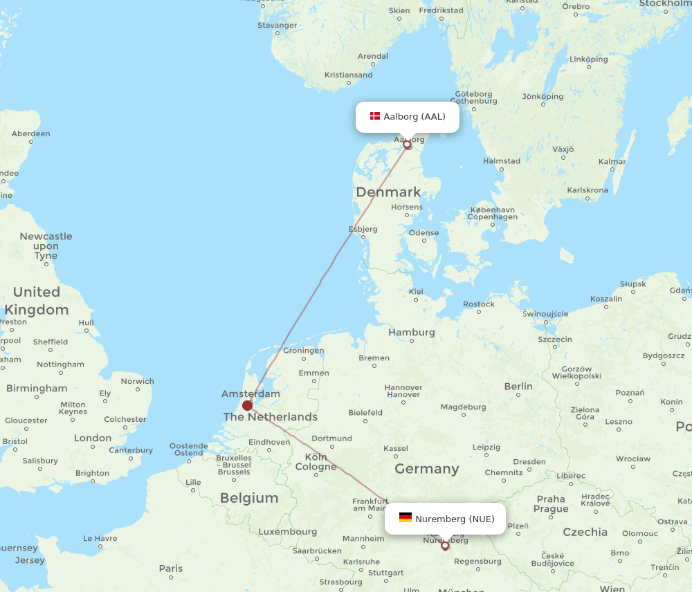 AAL to NUE flights and routes map