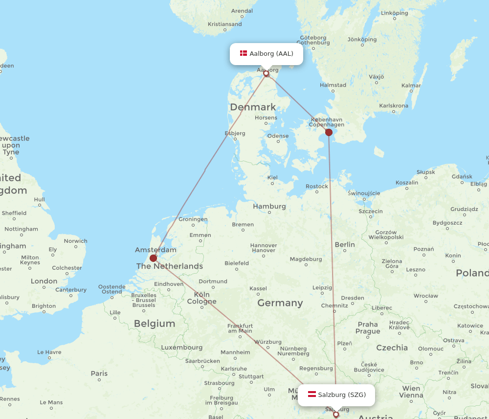 Salzburg - Aalborg route map and flight paths