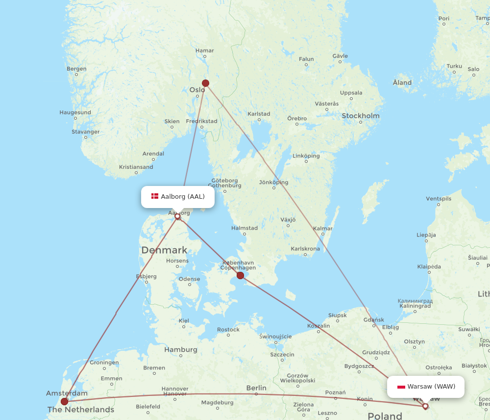 AAL to WAW flights and routes map