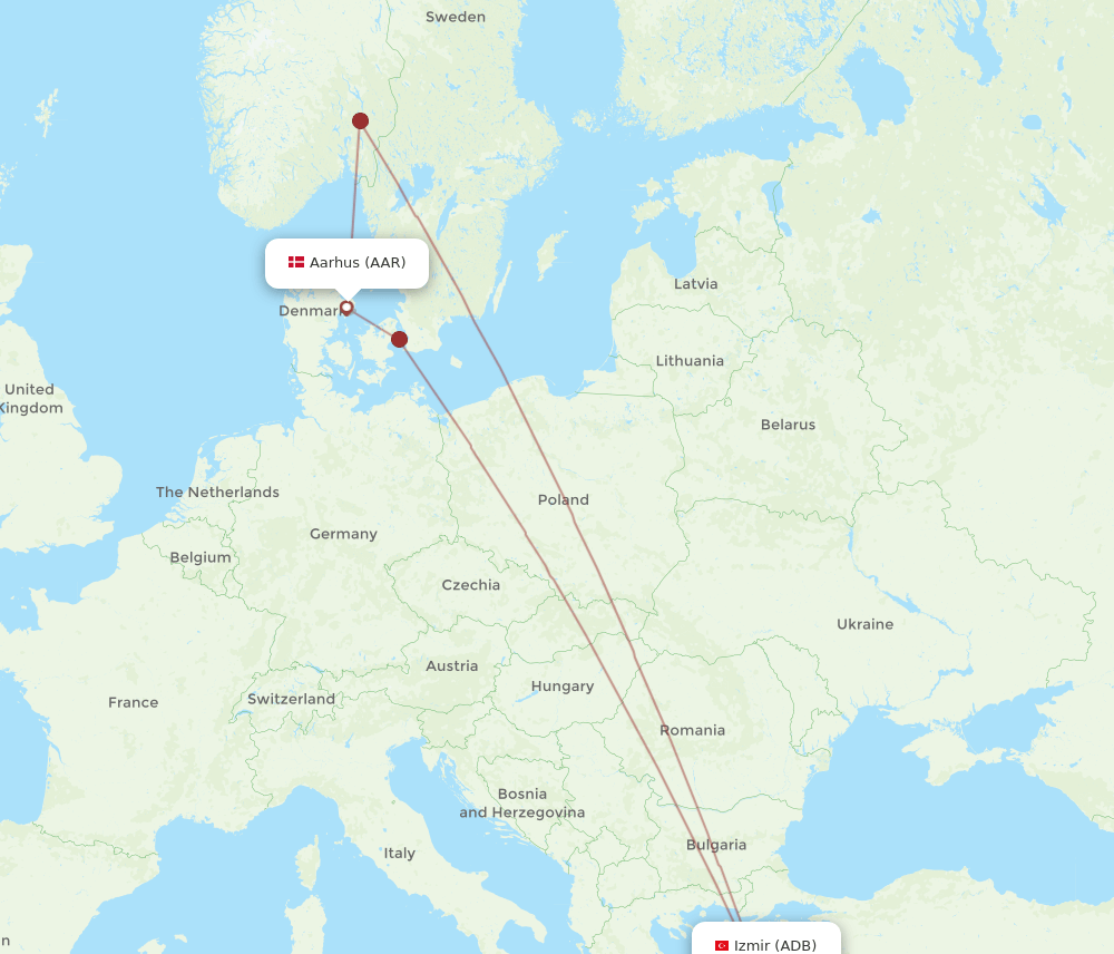 Izmir - Aarhus route map and flight paths
