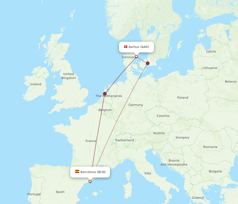 AAR to BCN flights and routes map
