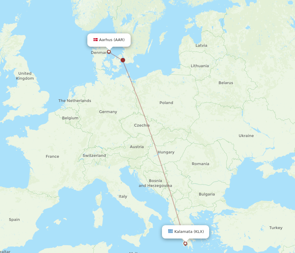Kalamata - Aarhus route map and flight paths