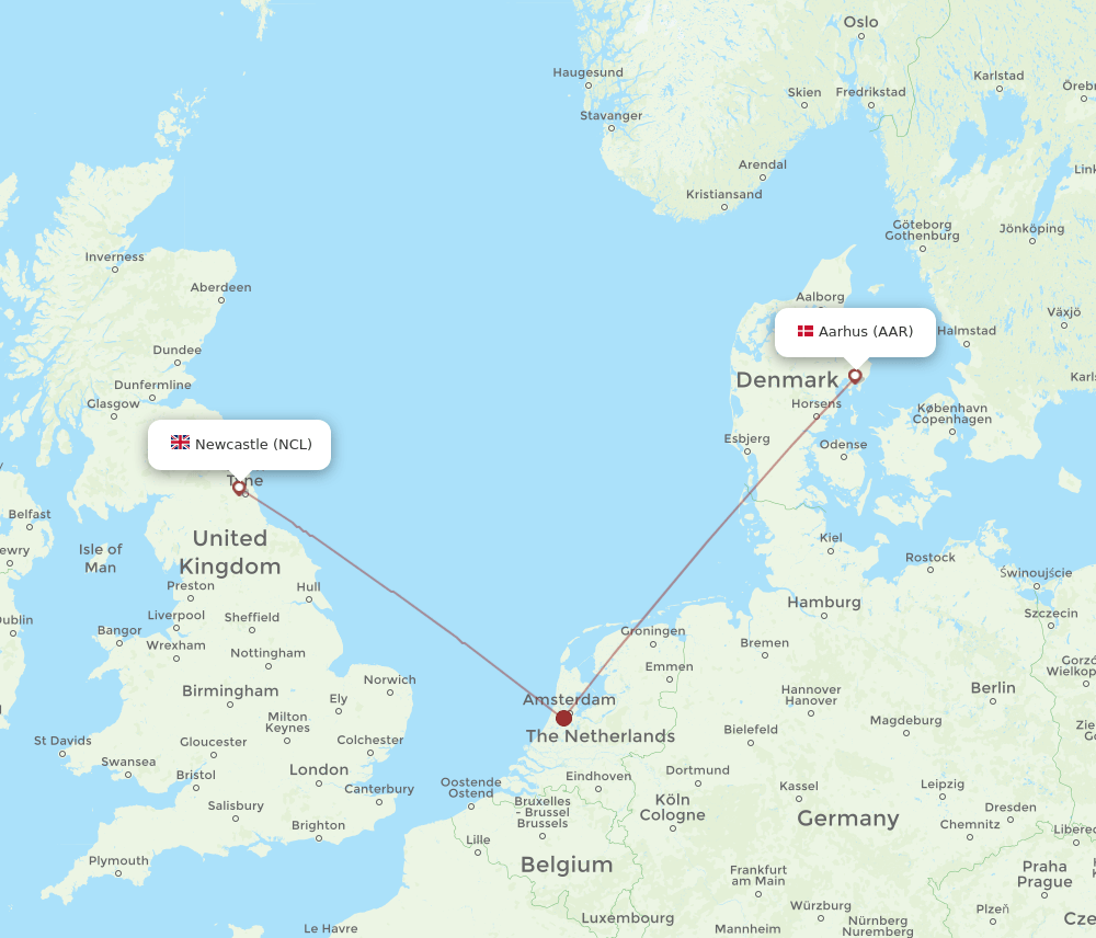 Aarhus - Newcastle route map and flight paths
