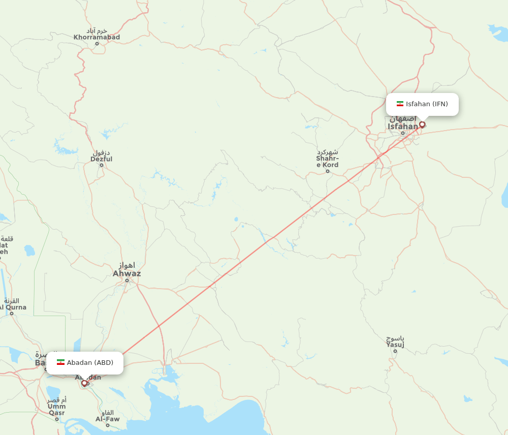 Abadan - Isfahan route map and flight paths