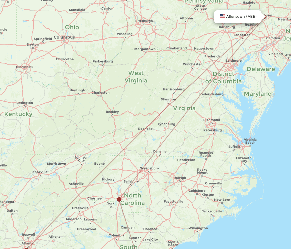 ABE to CHS flights and routes map