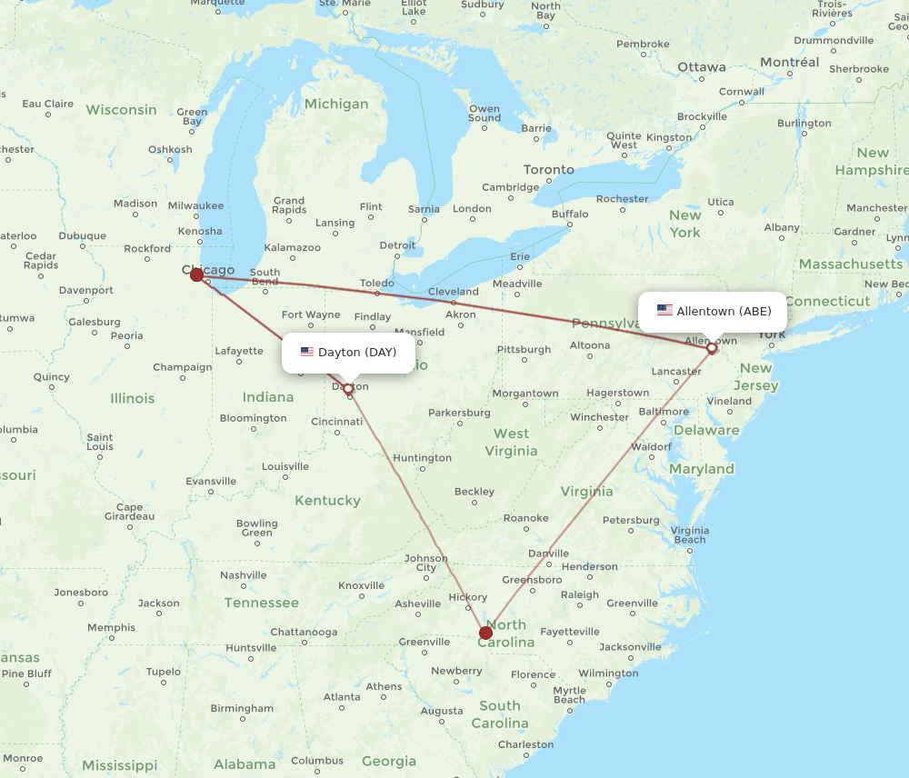 ABE to DAY flights and routes map
