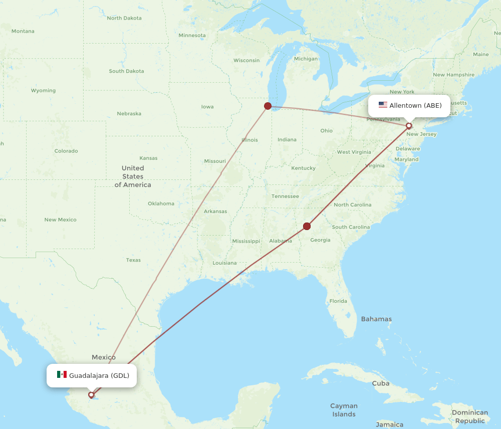 ABE to GDL flights and routes map