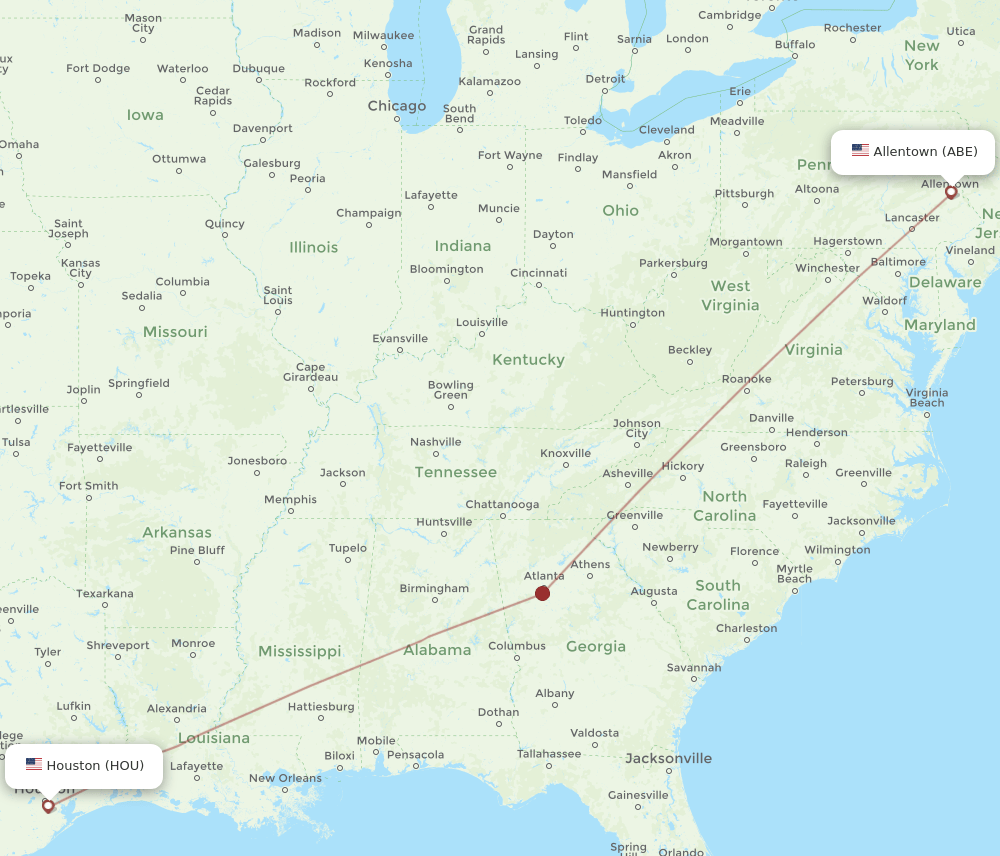 ABE to HOU flights and routes map