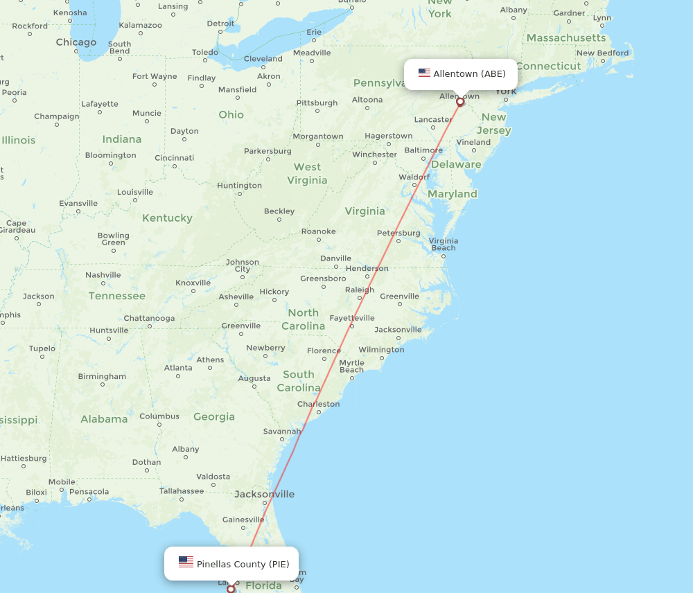 Allentown - Saint Petersburg route map and flight paths
