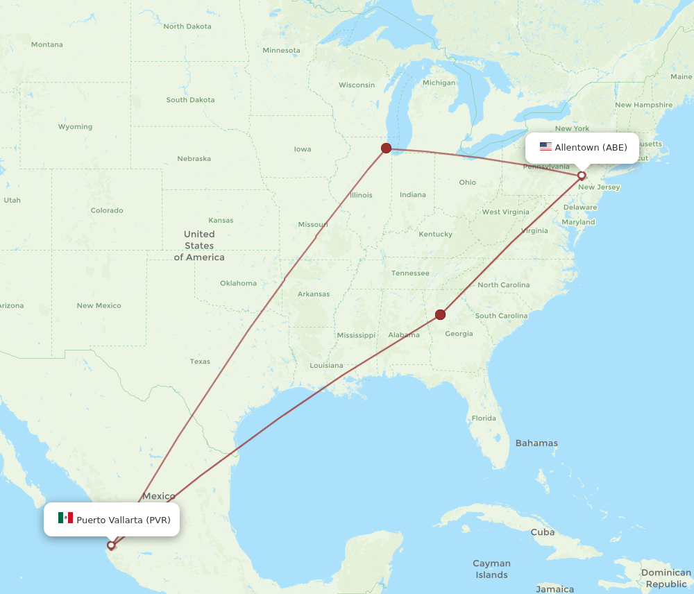 ABE to PVR flights and routes map