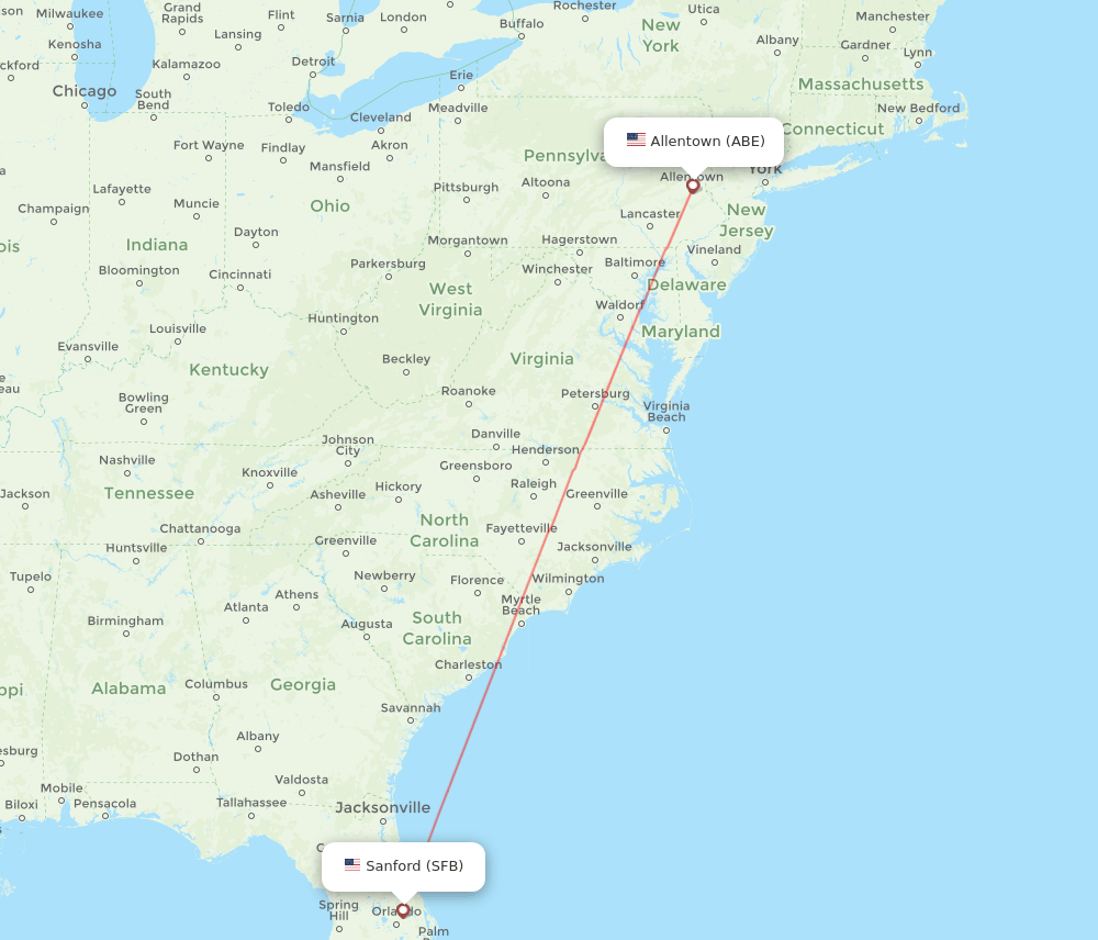 Allentown - Orlando route map and flight paths