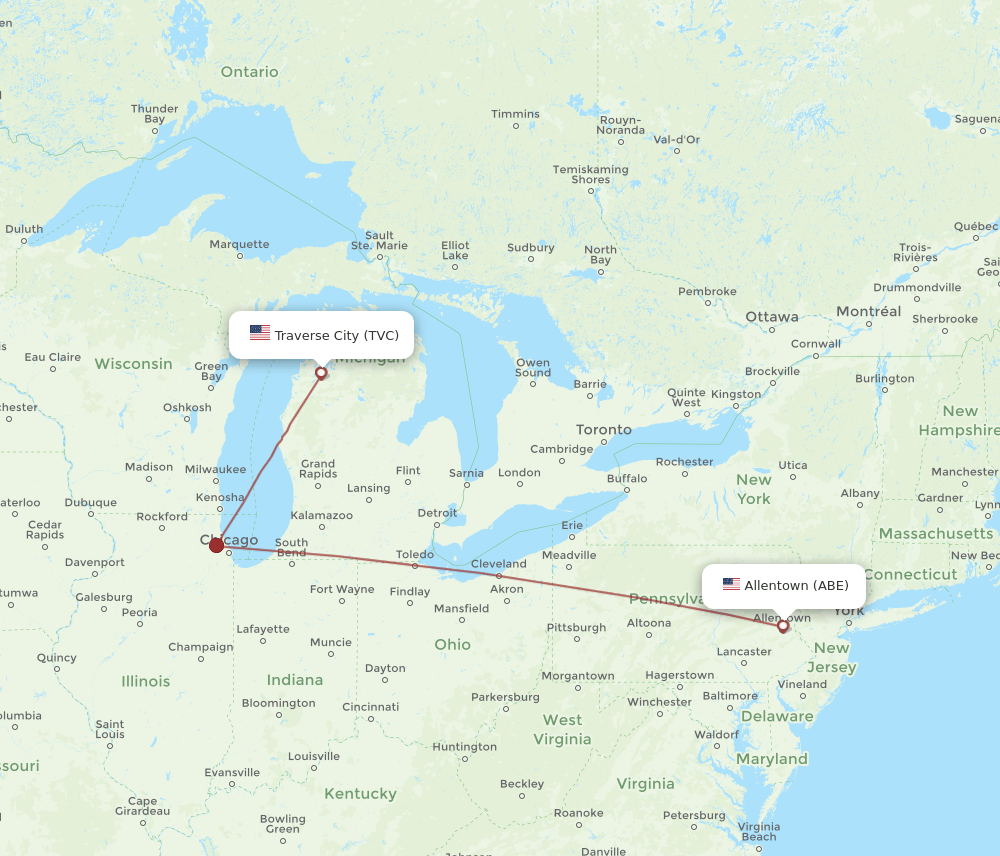 ABE to TVC flights and routes map