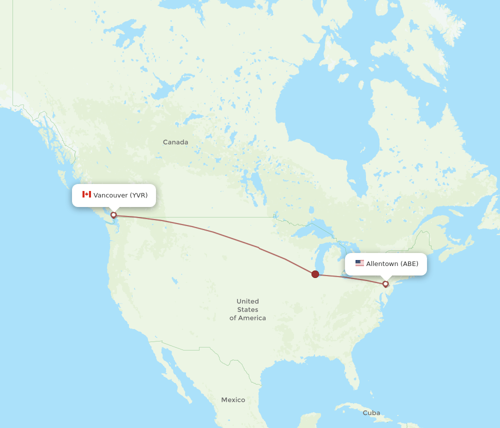 Vancouver - Allentown route map and flight paths