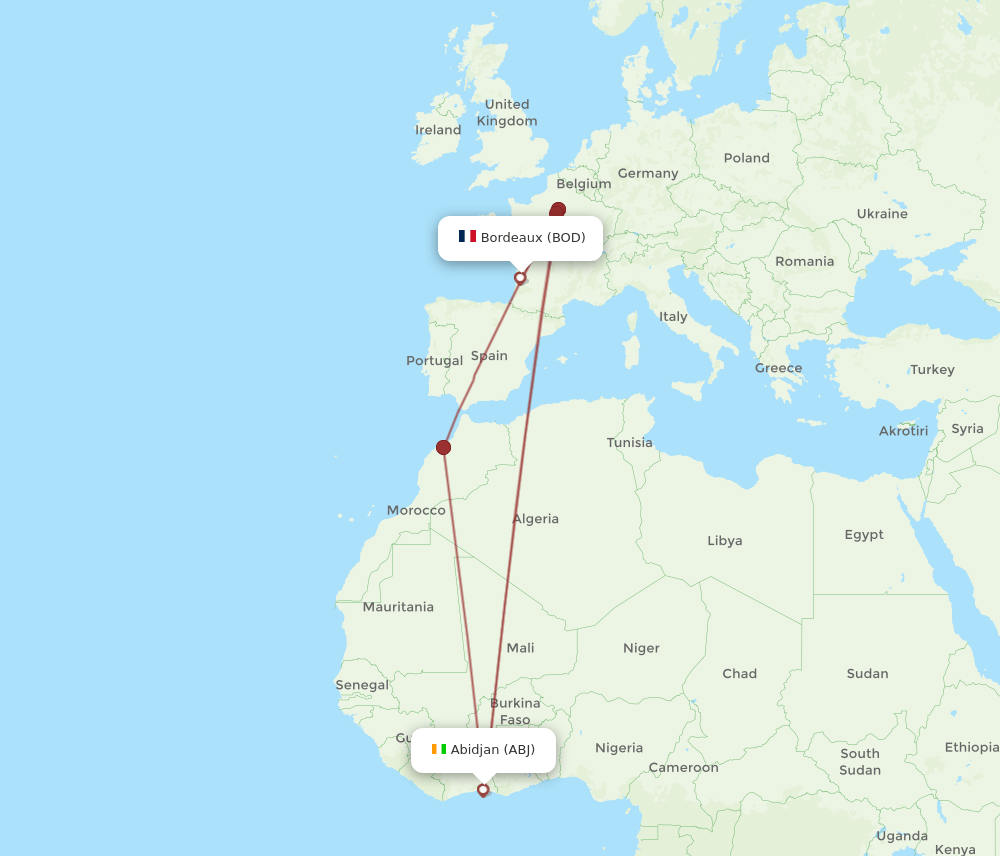 ABJ to BOD flights and routes map