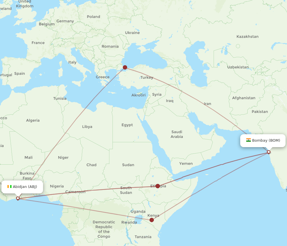 ABJ-BOM flight routes