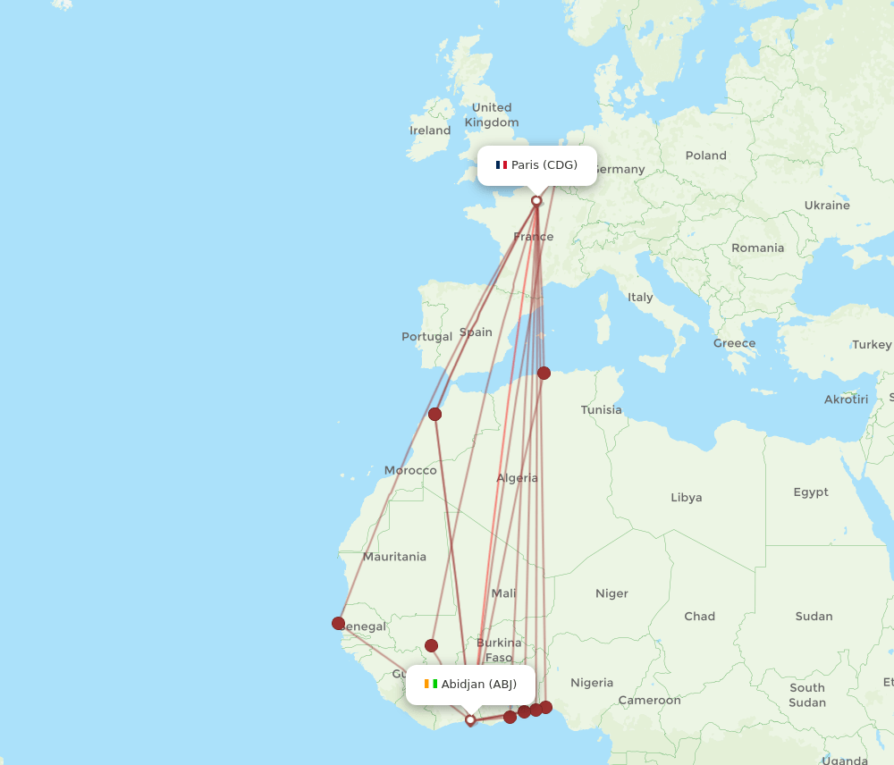 ABJ to CDG flights and routes map