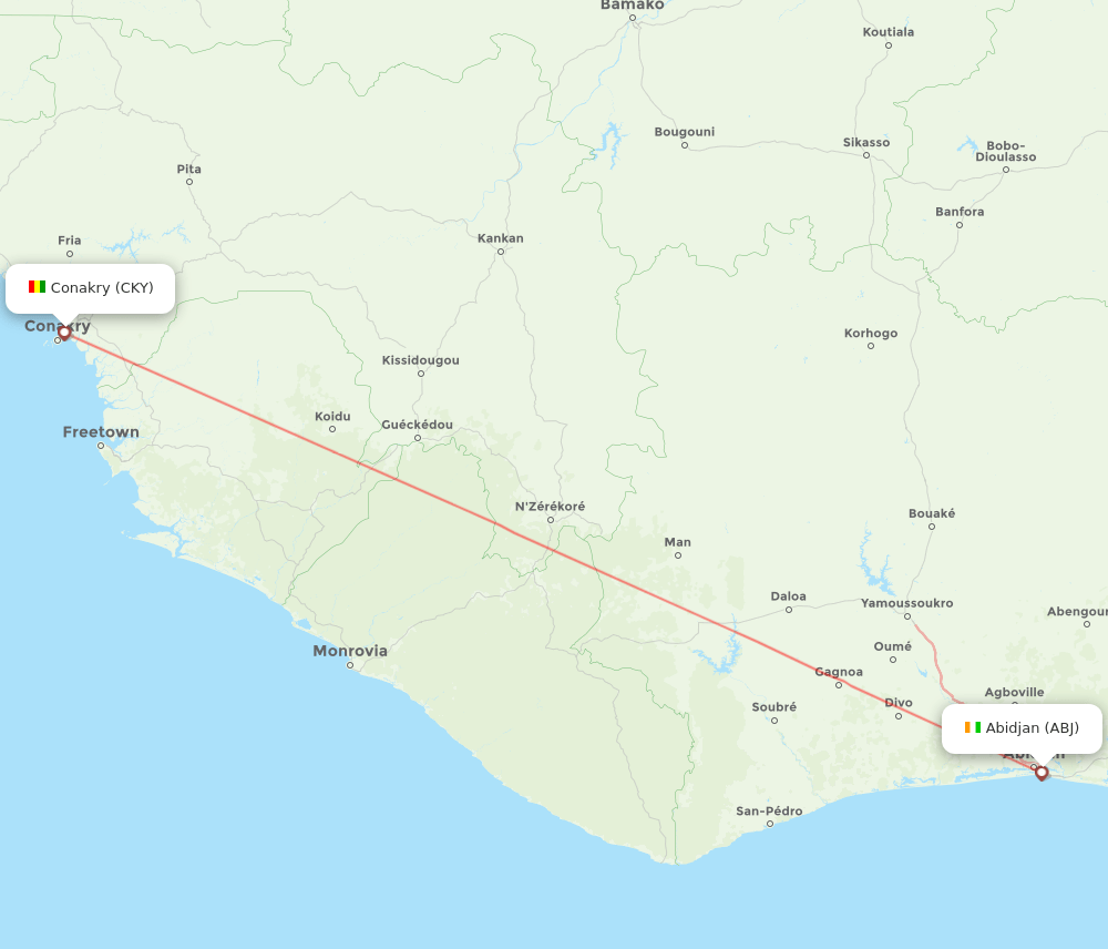 Abidjan - Conakry route map and flight paths