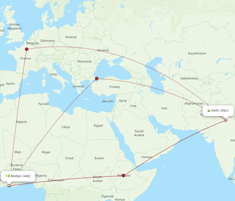 ABJ-DEL flight routes