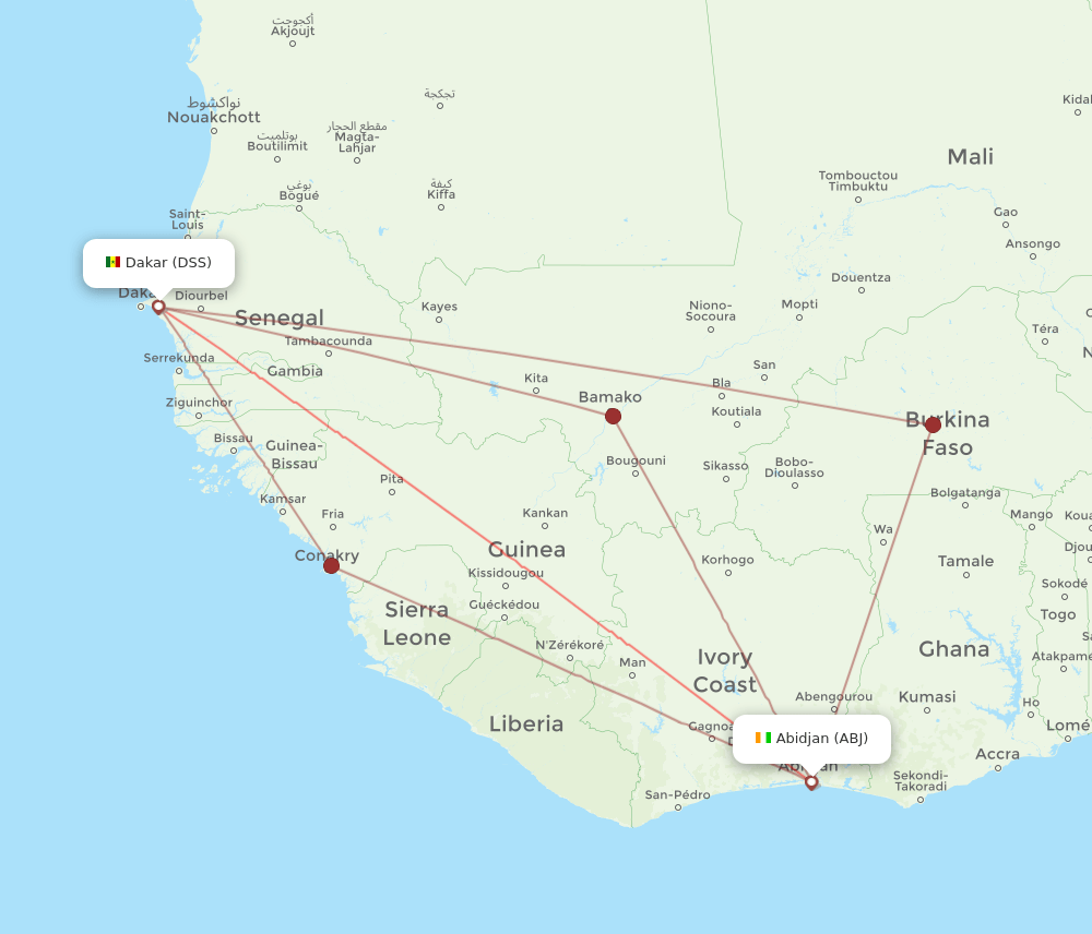 Abidjan - Dakar route map and flight paths