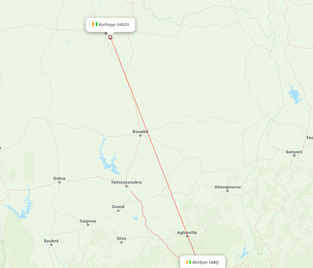 Abidjan - Korhogo route map and flight paths