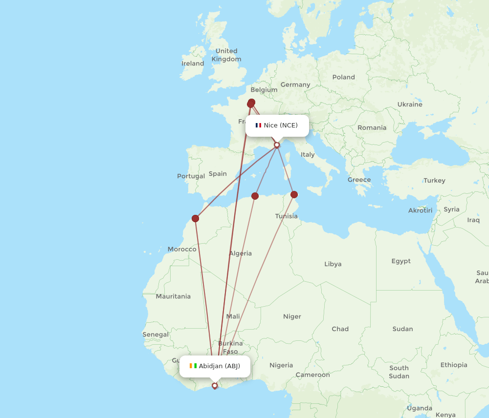 ABJ to NCE flights and routes map