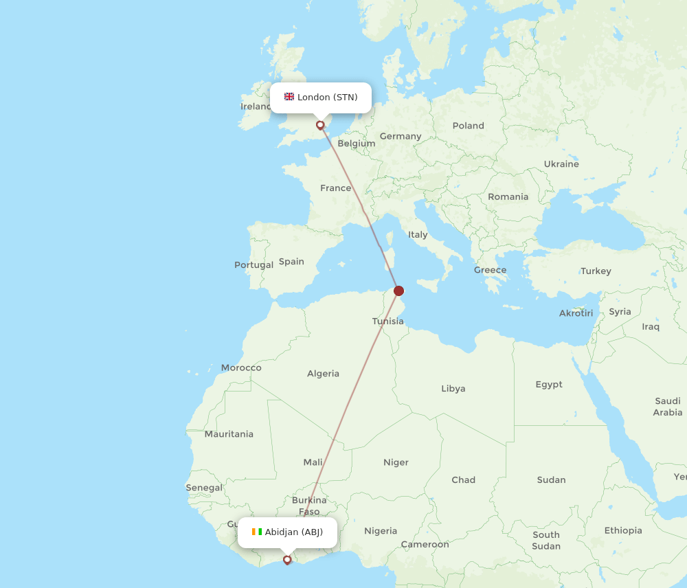 London - Abidjan route map and flight paths