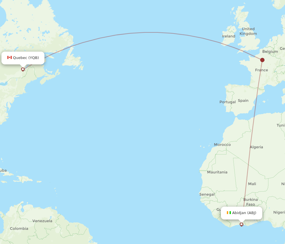 Quebec - Abidjan route map and flight paths