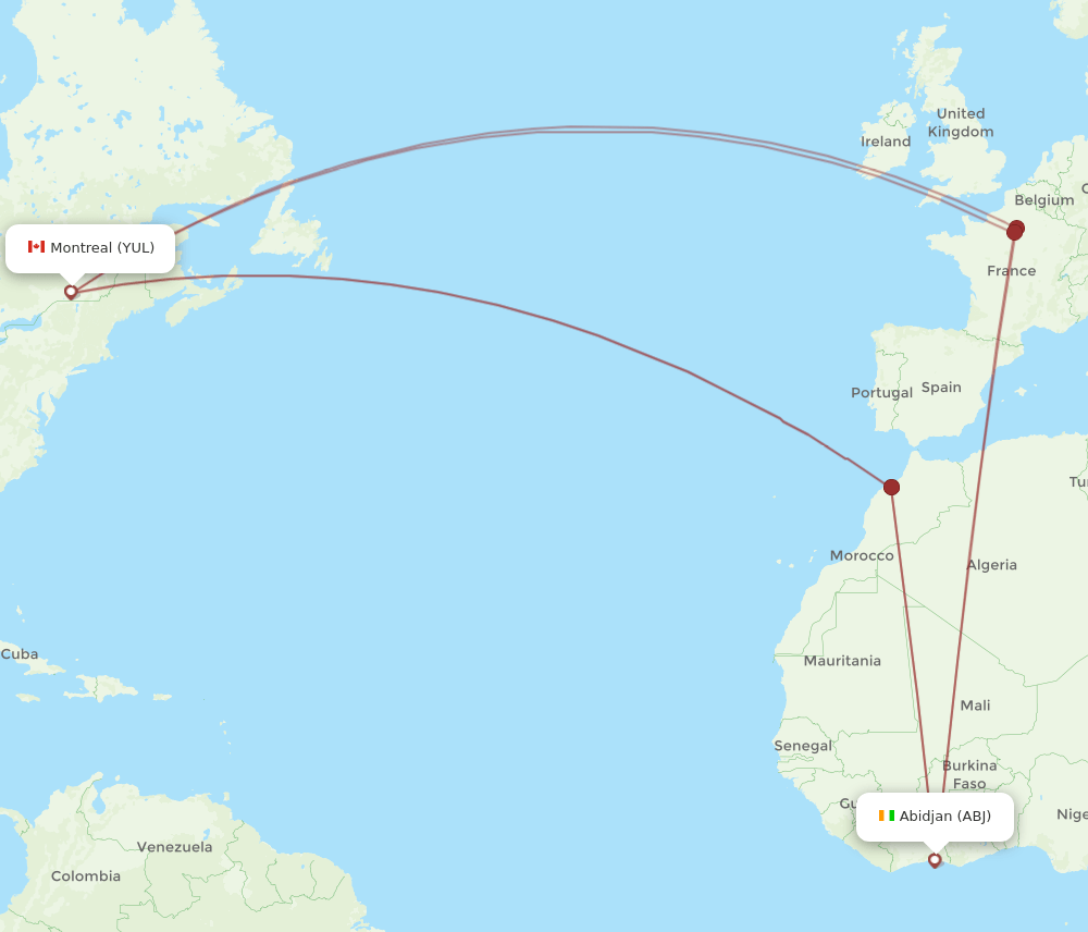 ABJ-YUL flight routes
