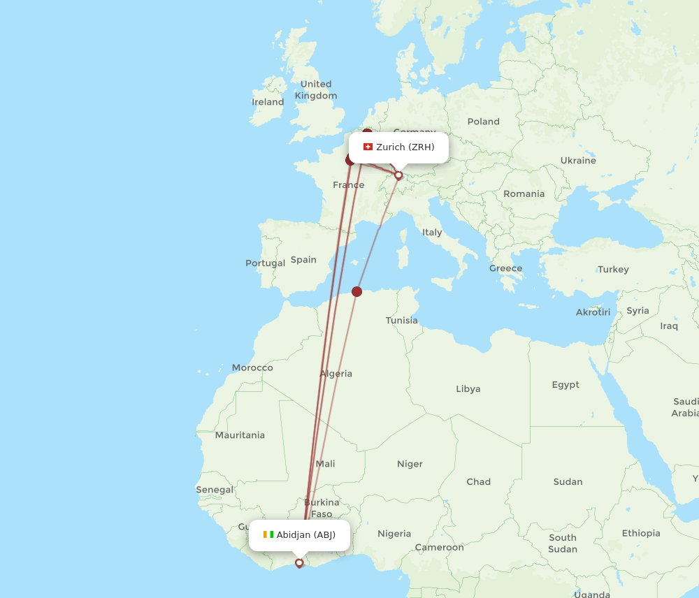 Zurich - Abidjan route map and flight paths