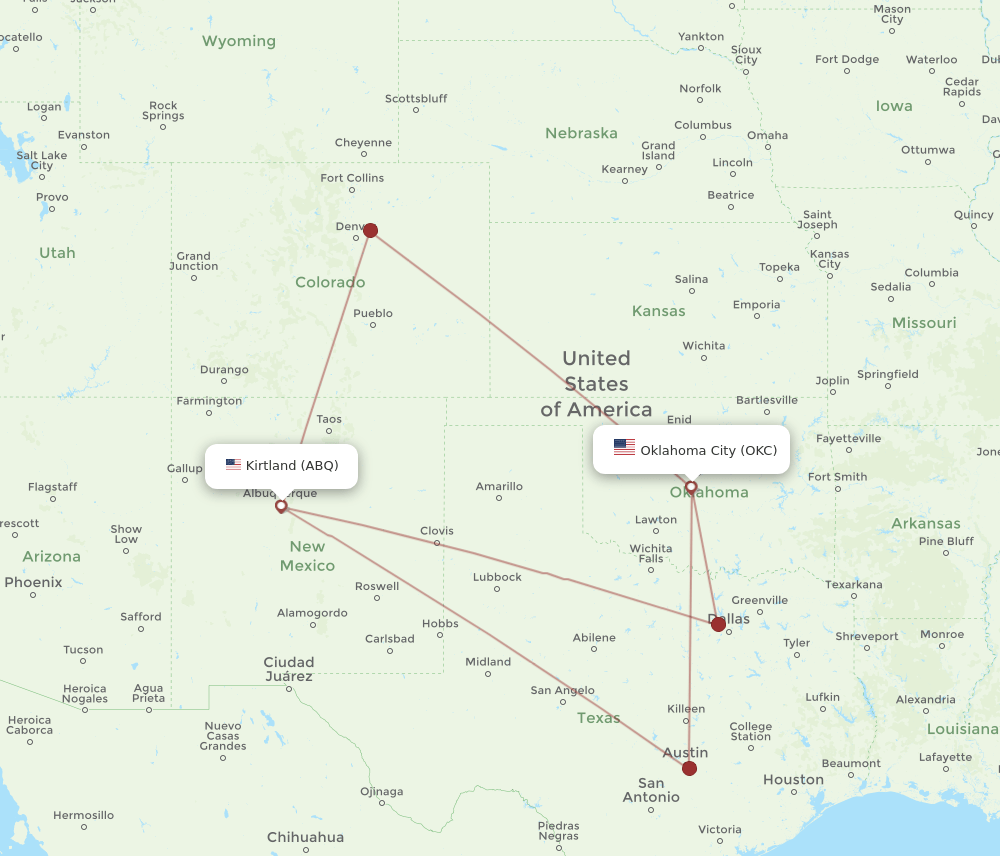 ABQ to OKC flights and routes map