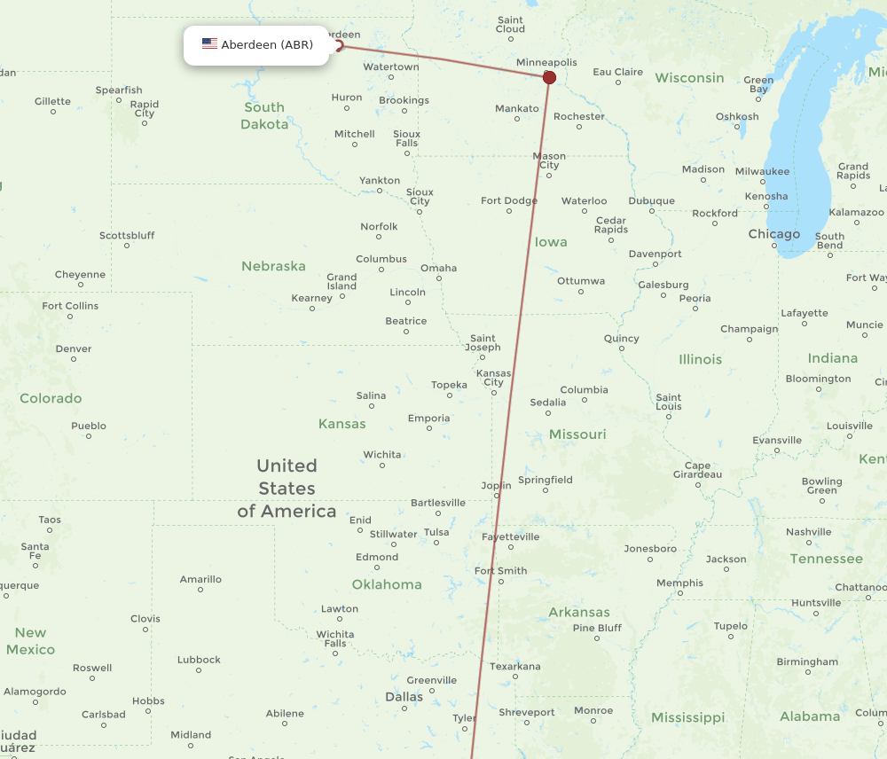 ABR to IAH flights and routes map