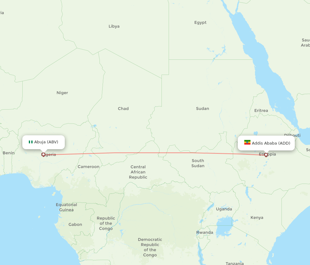 Abuja - Addis Ababa route map and flight paths